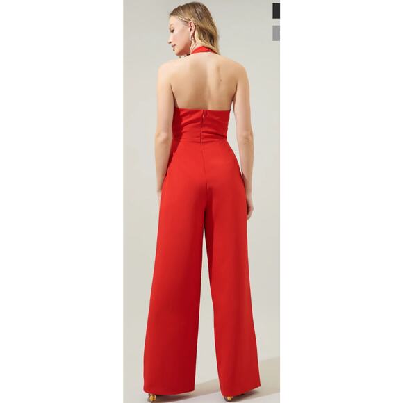 Sugar Lips Bright Red After Hours Backless Halter Jumpsuit with Pockets Size XL - Picture 2 of 10